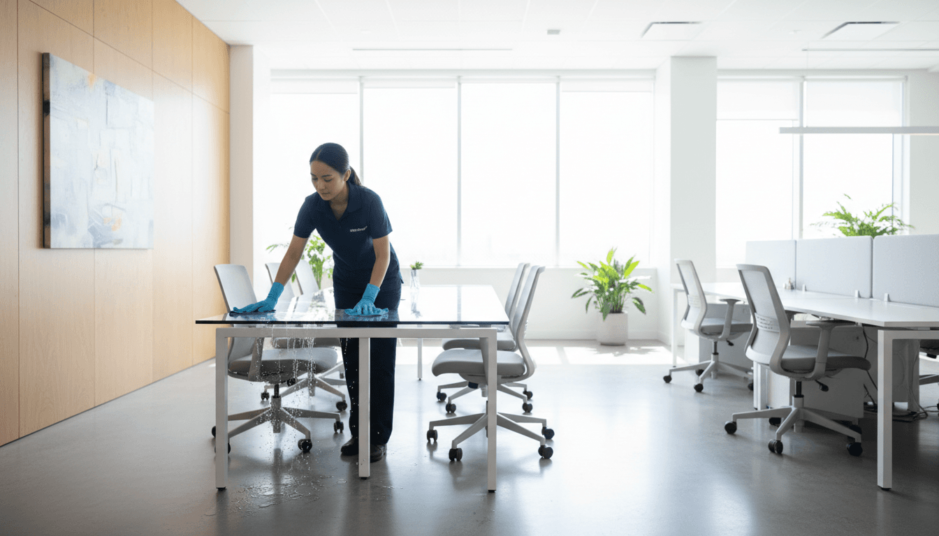 Professional office cleaner maintaining a modern workspace with attention to detail