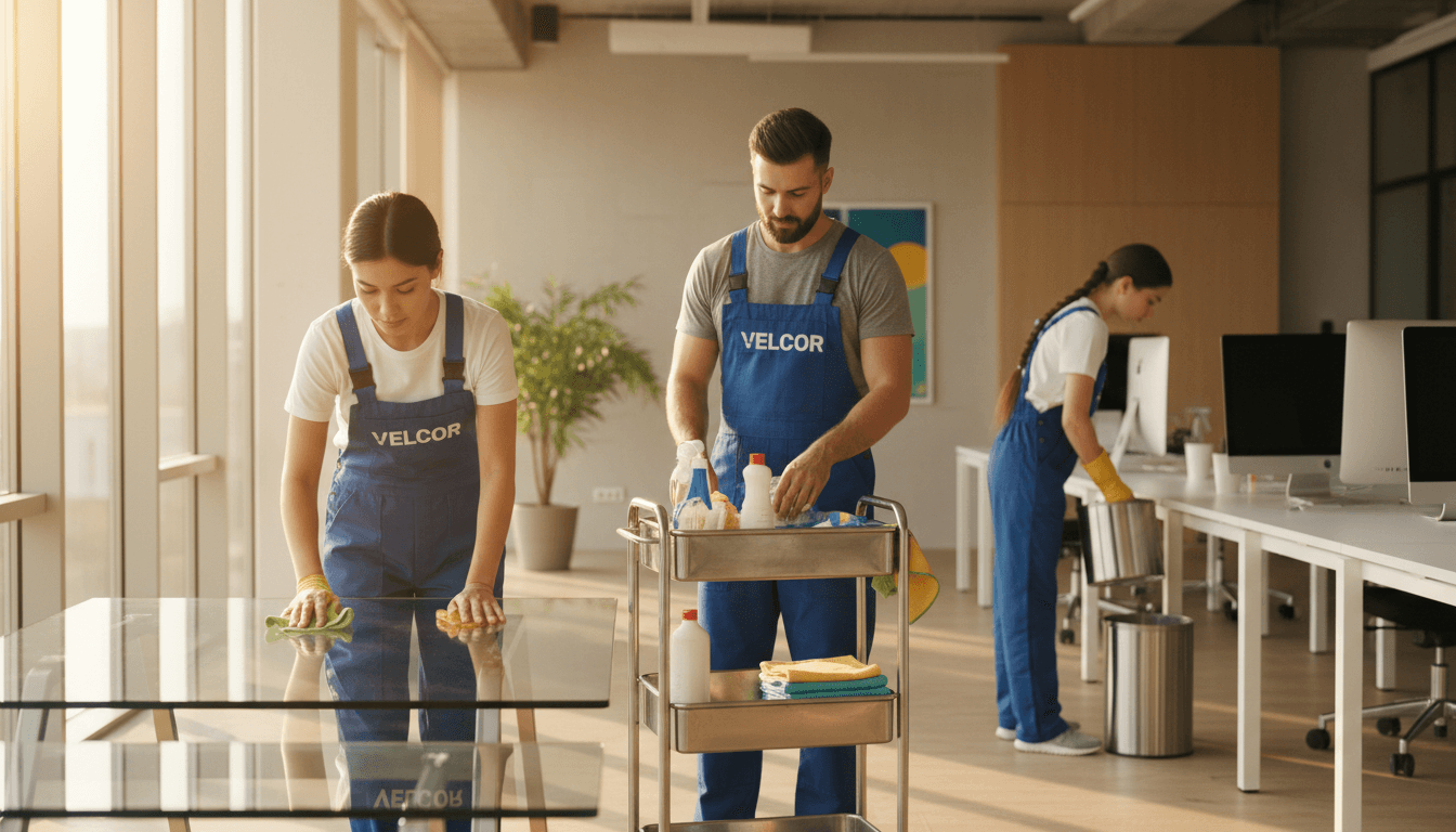 VELCOR Commercial Cleaning team working together in a modern office environment