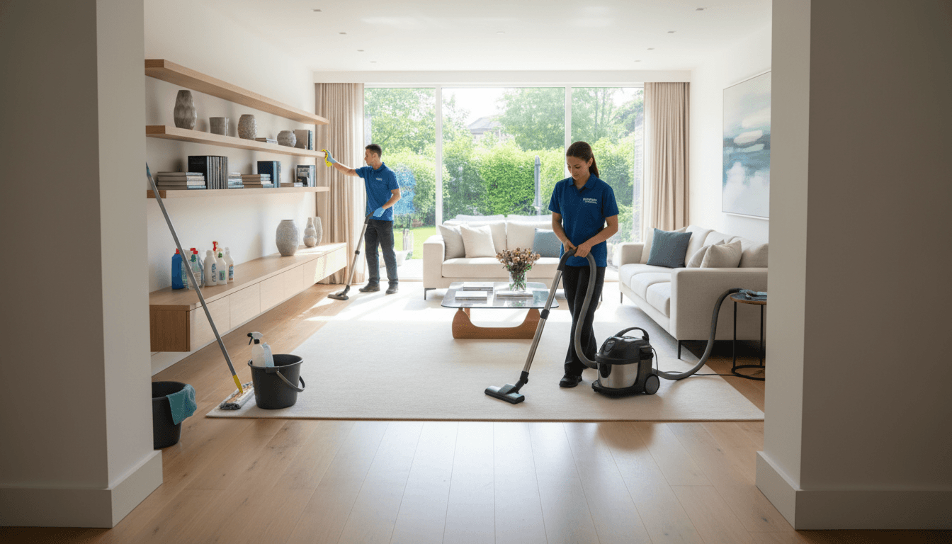 Professional cleaning team vacuuming and polishing spacious residential living room filled with natural light